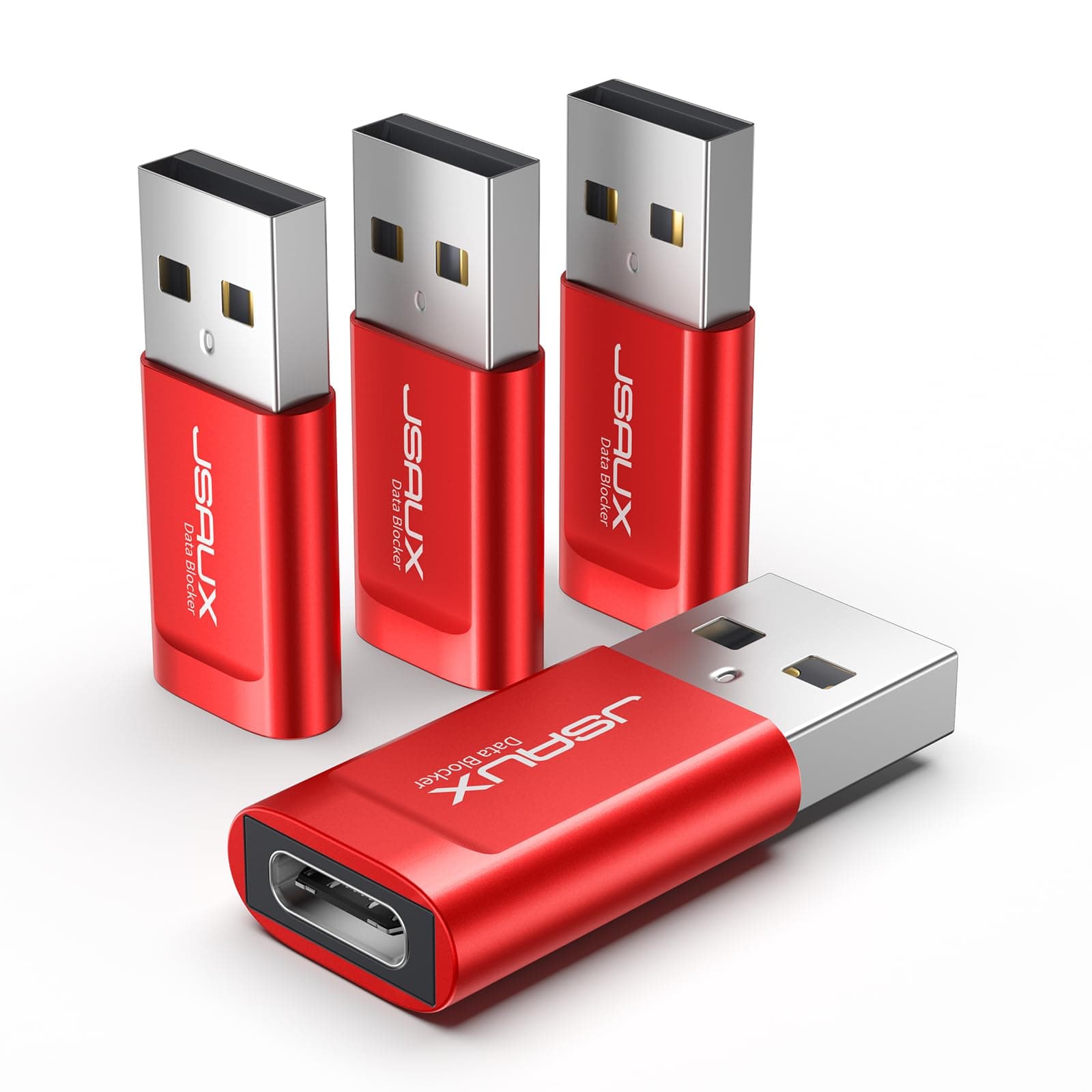 USB C Data Blocker, (4-Pack) USB A to USB C Female Defender Only for Quick Charge, Protect Against Juice Jacking, Refuse Hacking Provide Safe Charging- Red