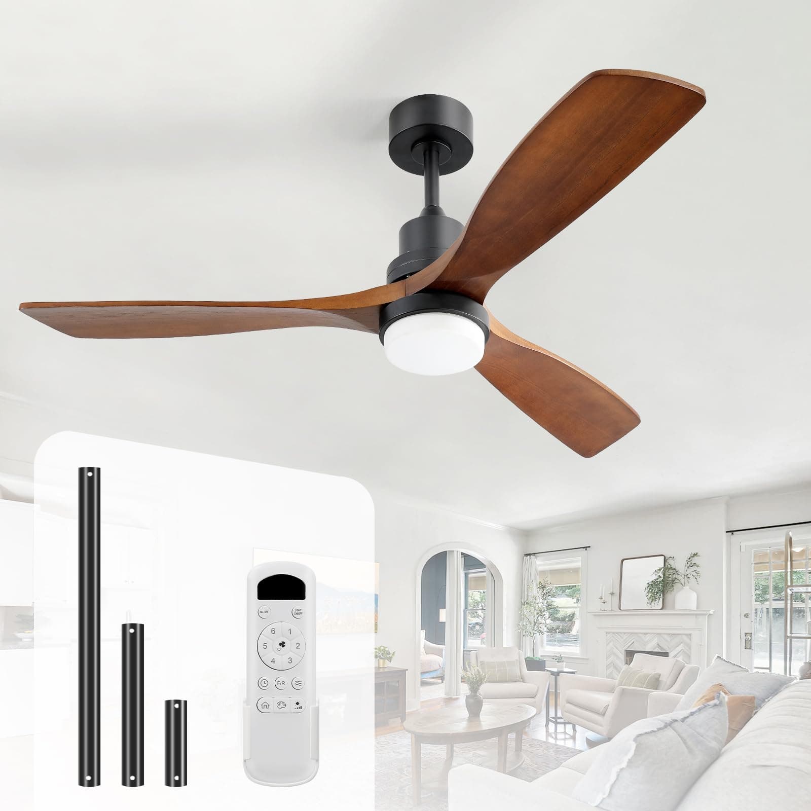 Sofucor 52 Inch Solid Wood Ceiling Fans With Lights, Low Profile Ceiling Fan with Light and Remote, 3 Downrod, Reversible DC Motor, Indoor/Outdoor 3 Blade Ceiling Fan Light for Bedroom Farmhouse Patio