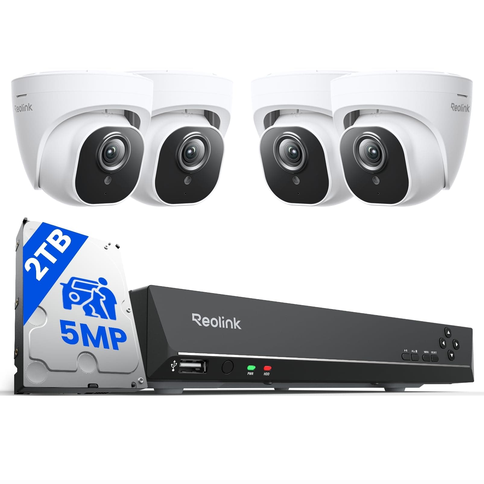 Reolink 8CH NVR PoE CCTV Security Camera System, with 2TB HDD and 4X 5MP Motion Detection Outdoor PoE IP Cameras, 100ft Night Vision Remote Access, RLK8-520D4-5MP