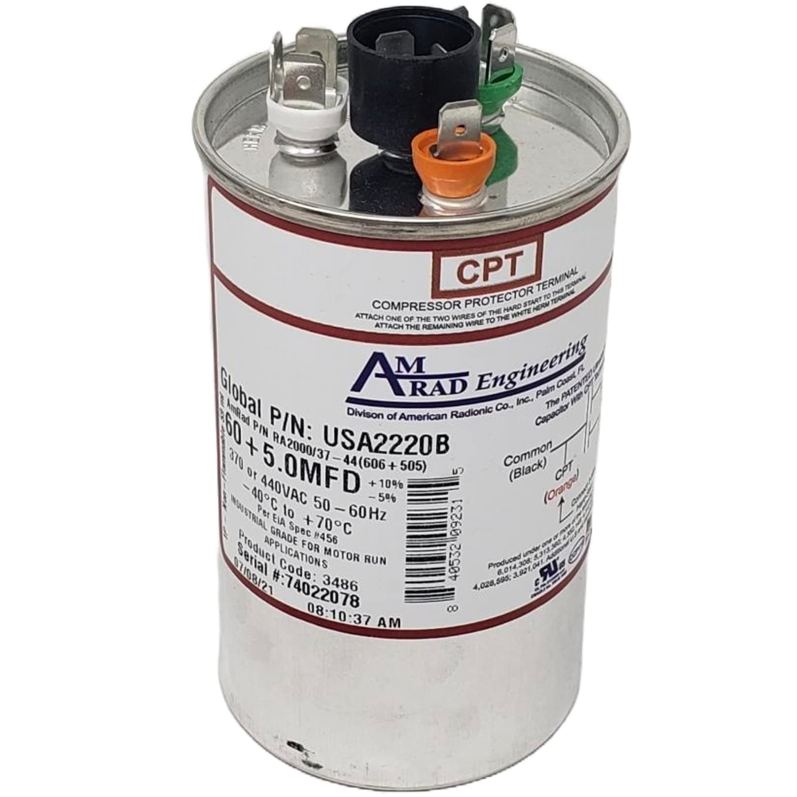 60 + 5 uf/Mfd Round Dual Universal Capacitor Replacement Amrad USA2220B Replacement - Used for 370 or 440 VAC, Made in The U.S.A.