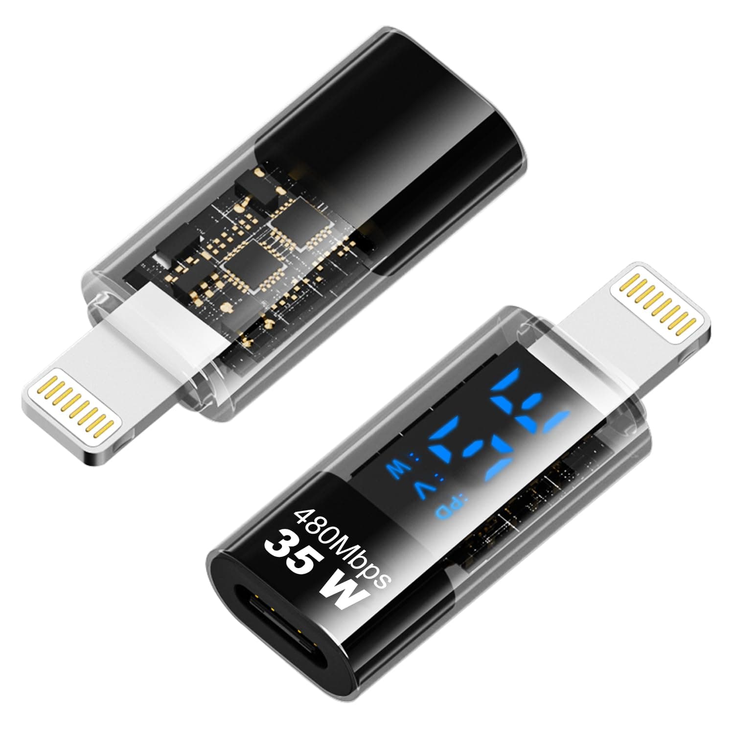 AreMe 2 Pack USB-C Adapter with LED Display, PD 35W USB Type C Female to Lightning Male Connector for iPhone/iPad/iPod, Support Voltage and Power Smart Display (Transparent)