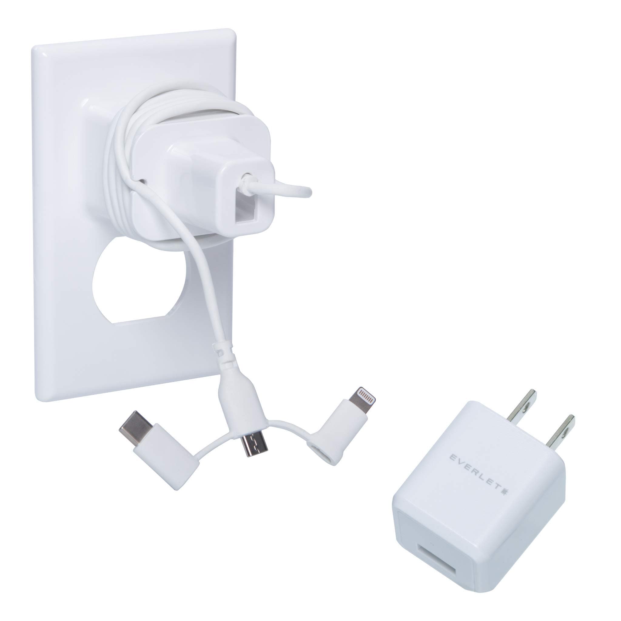 Everlet Wallplate with Fast Charging Cube & 3ft Cord - Never Lose Your Charger and Cable Again - 3-Headed Cord Works for Apple, Android, and Kindle Devices