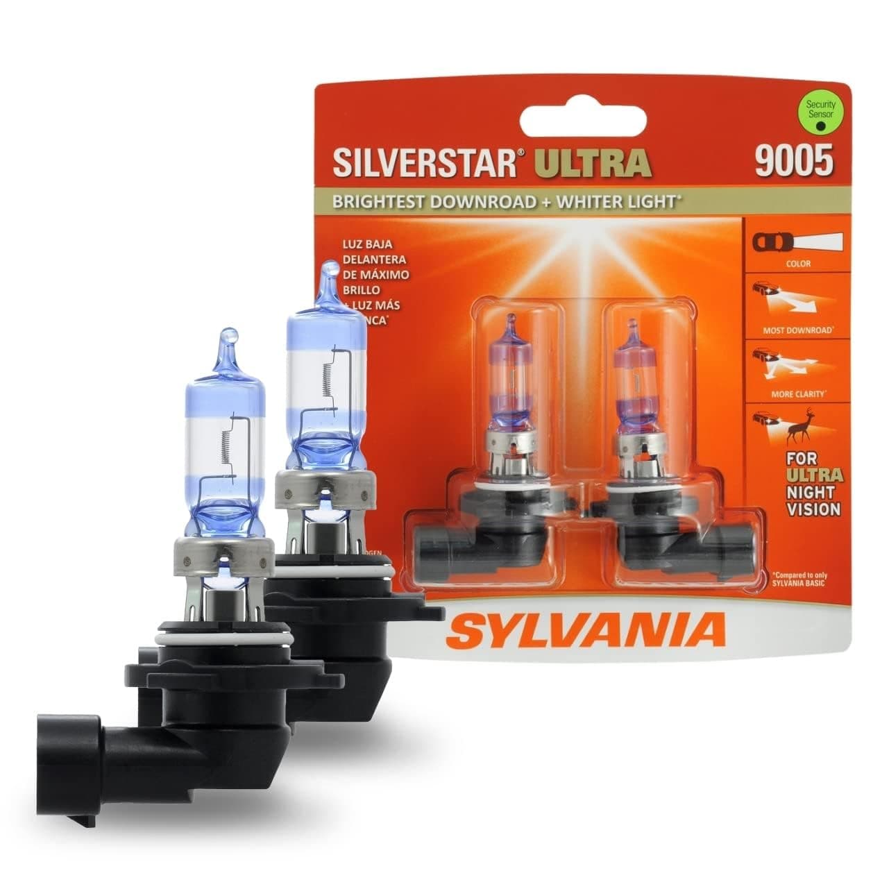 9005 SilverStar Ultra - High Performance Halogen Headlight Bulb, High Beam, Low Beam and Fog Replacement Bulb, Brightest Downroad with Whiter Light, Tri-Band Technology (Contains 2 Bulbs)
