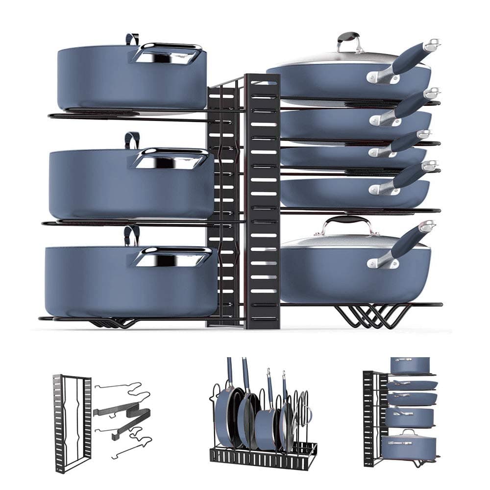Pot Organizer Rack – 3 DIY Methods, Height and Position are Adjustable in Anti-Slip Rubber Feet and Racks – Heavy Duty Lids and Metal Pots & Pans Organizer – Pantry & Kitchen Cabinet Organizer