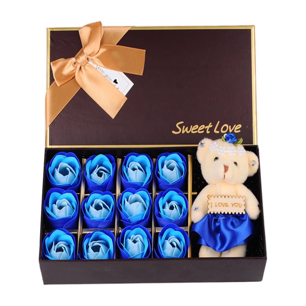 HALU Forever Flora Scented Bath Soap Rose Flower Gift Box Soap Shaped Petals for Anniversary Birthday Mother's Day Wedding Valentine’s Day Guest Christmas Day New Year(Blue)