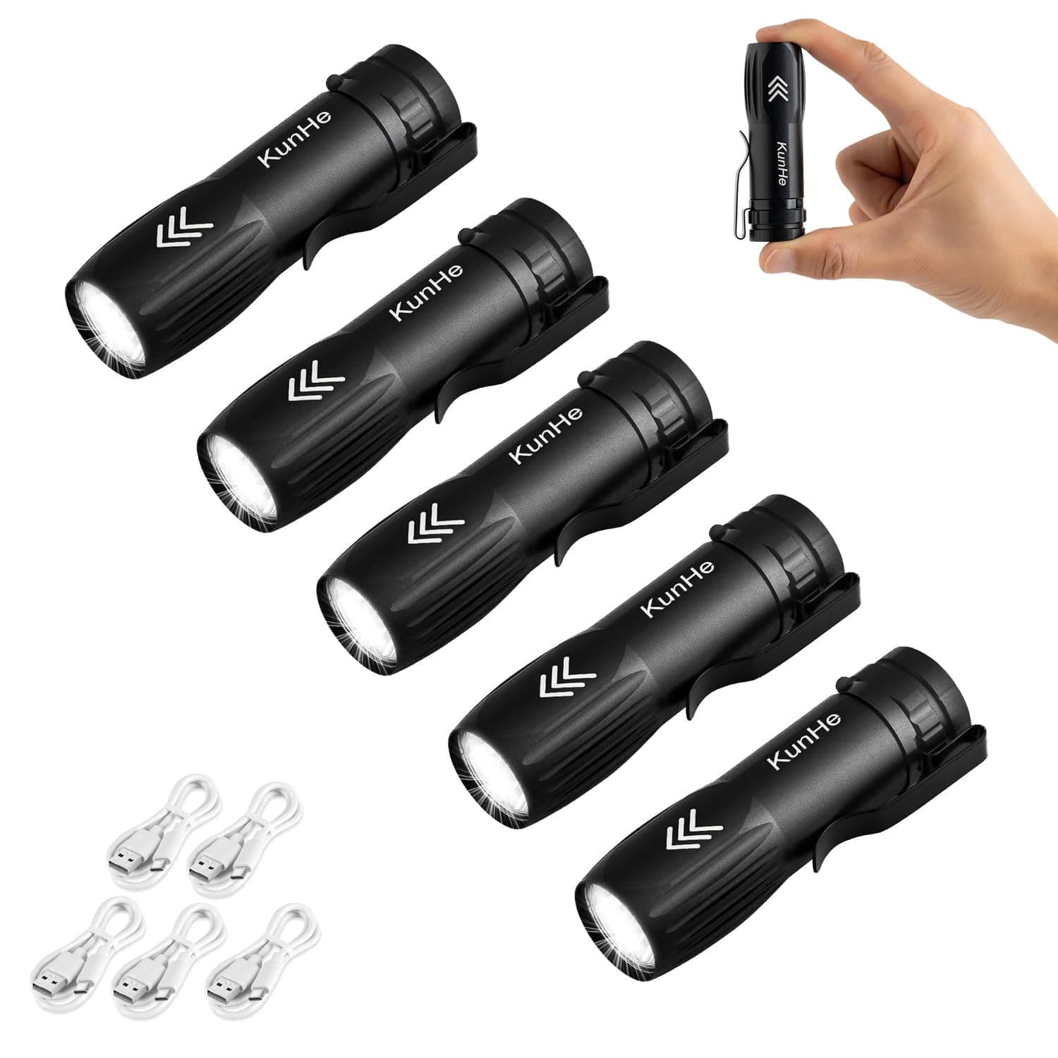 KunHe 5 Pack Small Rechargeable Torch Bulk USB-C Mini High Lumen Torch Clip-on Portable Pocket Flash Light for EDC Emergency Home Use [Energy Class A]