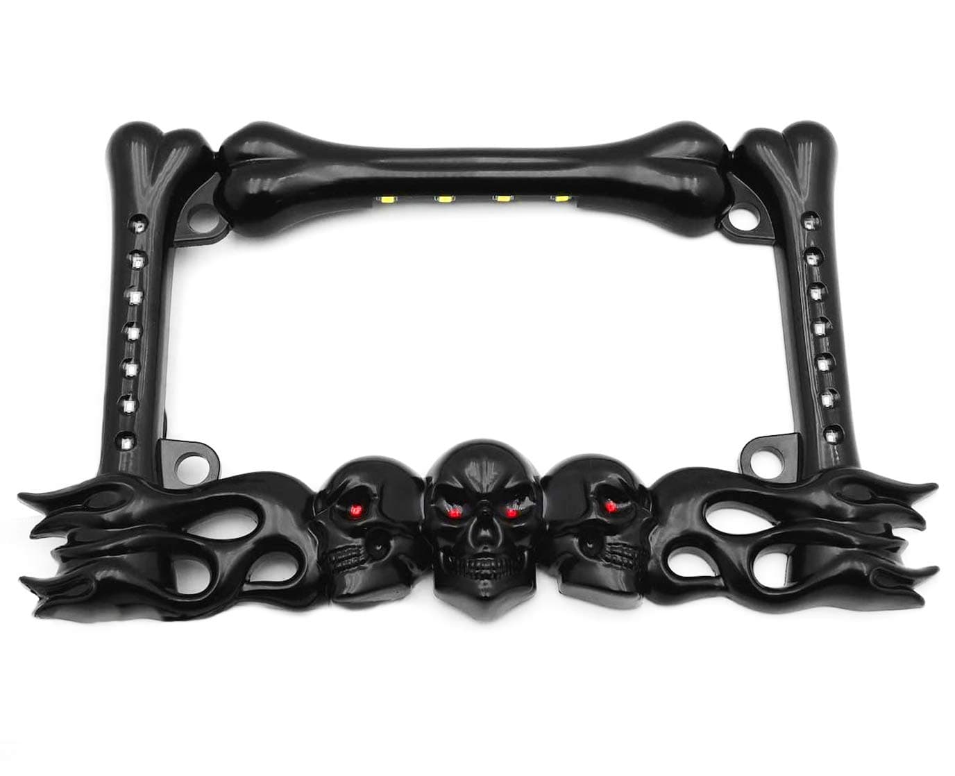 HTTMT- 3D Black Skull Flame Bone License Plate Frame w/LED Run Brake Turn Compatible With H-D Kawasaki [P/N: MT294-006A-BK]