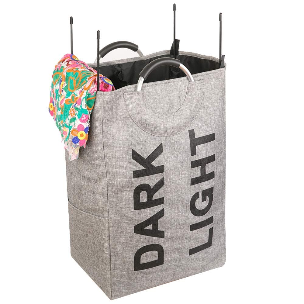 Collapsible Laundry Basket, Double Laundry Hamper for Laundry with Handles, Separator, Side Pockets, Foldable Square Laundry Baskets Bag for Dirty Clothes (15.5 X 11.5 X 28 Inch, Grey)