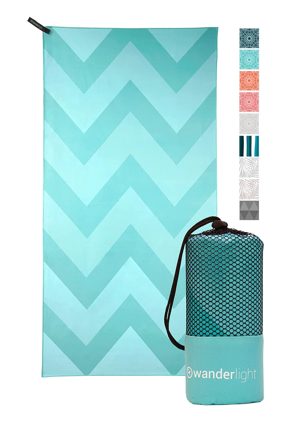 Wanderlight Microfiber Travel Towel – Quick Dry, Compact, Lightweight, Sand Free – Perfect for Beach, Camping, Backpacking, Sports, Gym, Yoga (Turquoise Chevron, Standard)