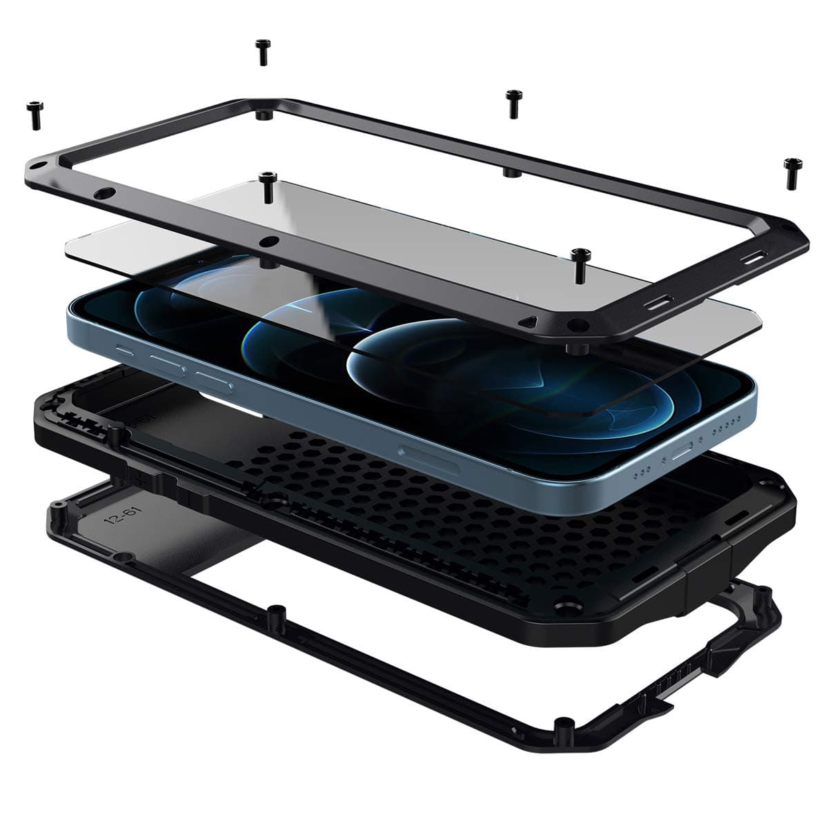 for iPhone 12 Case,Full Body Protective Cover Heavy Duty Shockproof Tough Armour Aluminum Alloy Metal Case with Silicone Built-in Screen Protector for Apple iPhone 12 Pro 6.1 Inch - Black