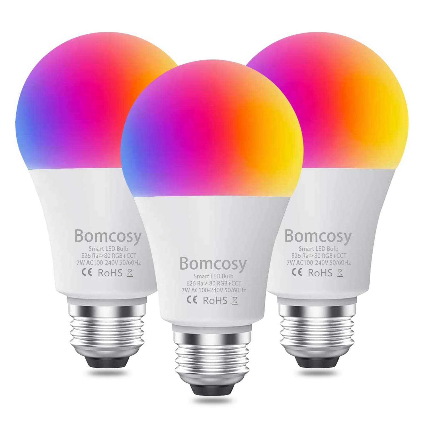 Smart Light Bulbs, A19 E26 Dimmable 2700K-6500K Multicolor RGB+CCT WiFi Smart Bulbs Works with Alexa, Echo, Google Home and Siri 7W 60w Equivalent No Hub Required 3 Pack
