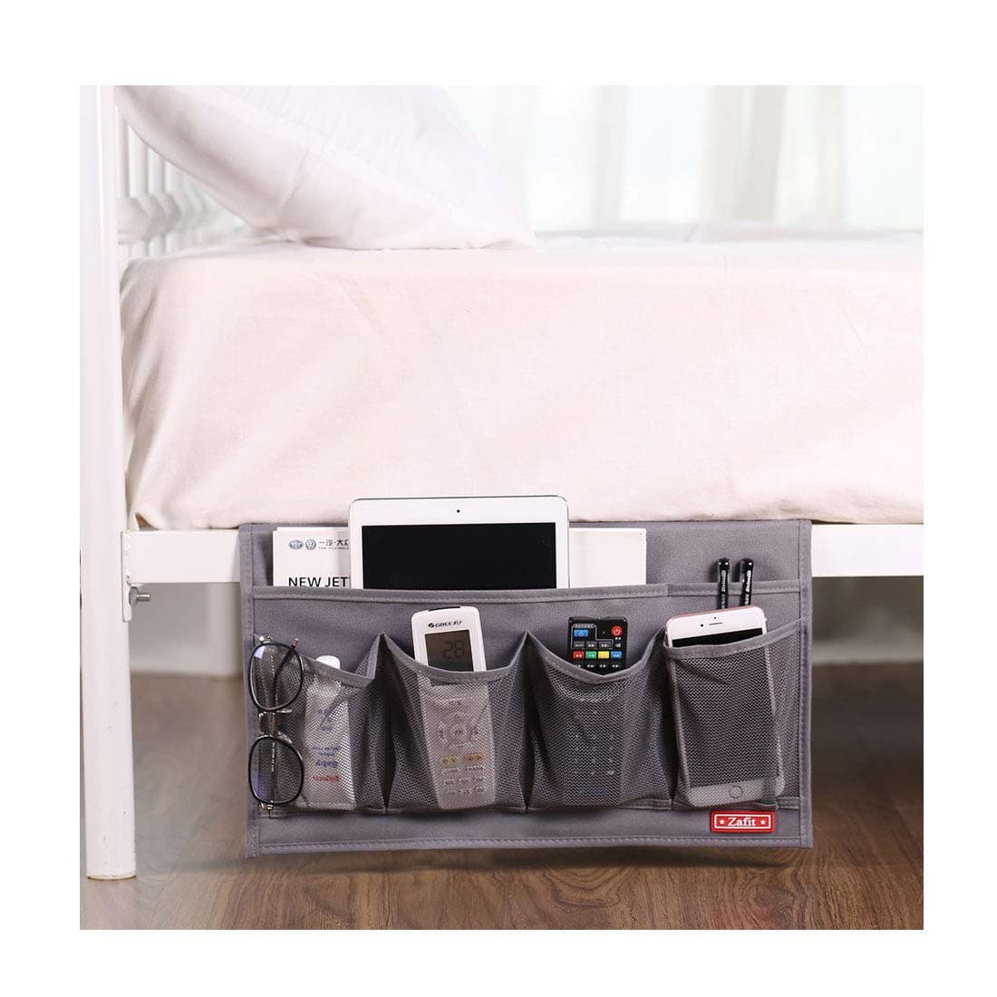 Zafit Bedside Storage Organizer - 6 Pockets, Table Cabinet Caddy for Remotes, Phone, Glasses (Grey)