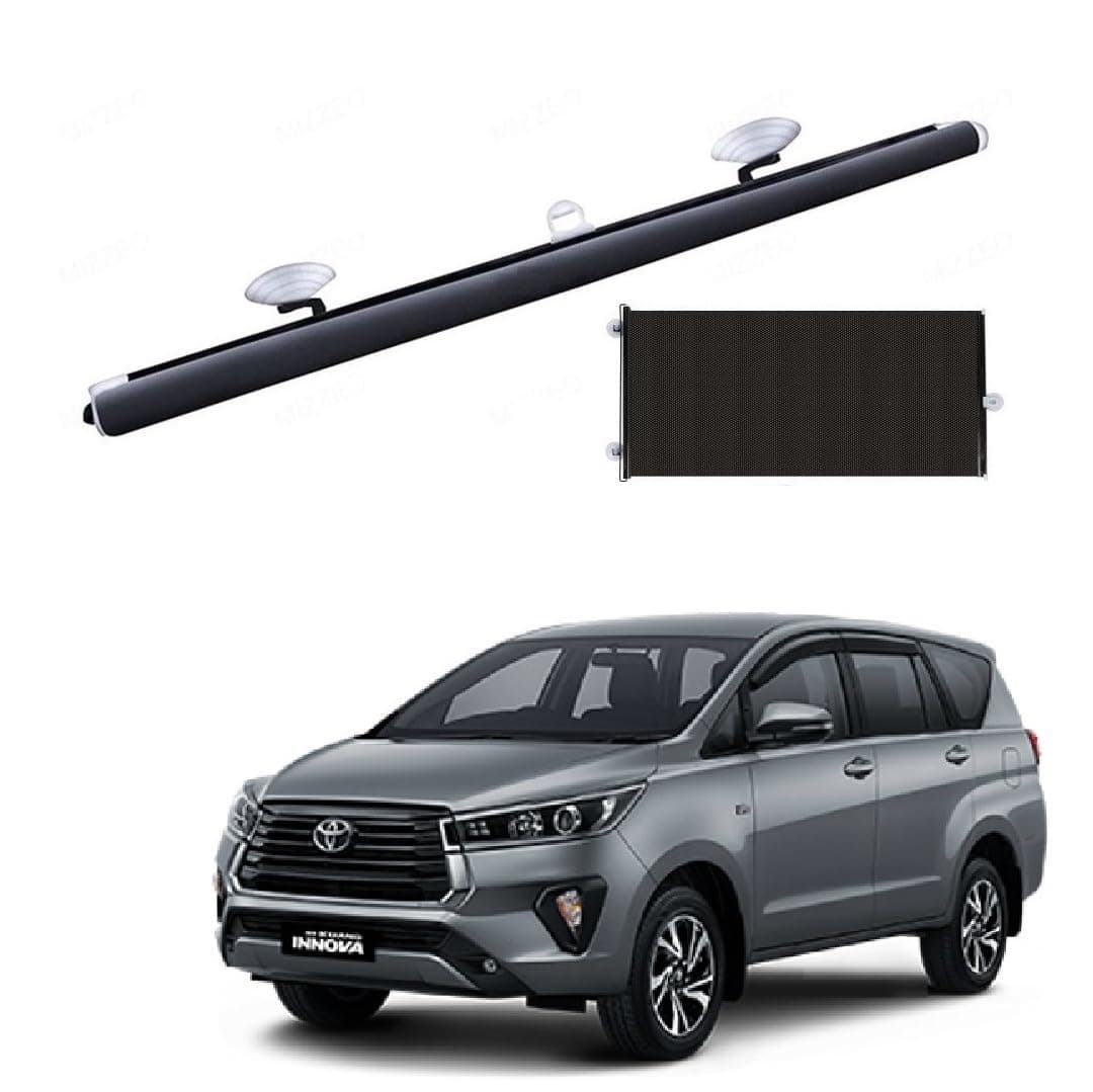 Car Front/Rear Glass Windshield Folding Roller Sunshade Self Retractable Design, Locks Sun Heat and UV Rays Protection Black Film Suitable for Toyota Innova Crysta