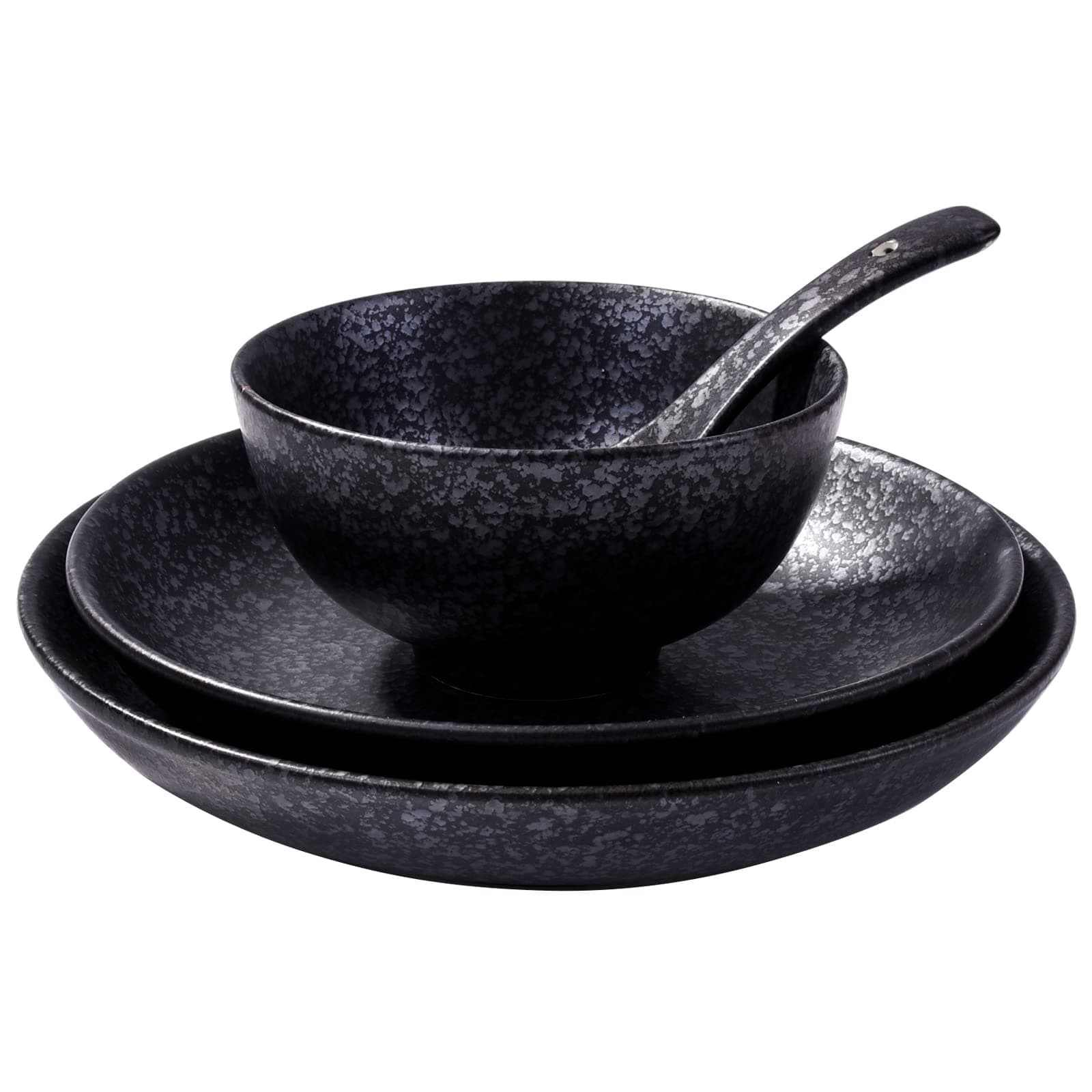 Whitenesser 4-Piece Ceramic Dinnerware Set, Plate, Dish, Bowl, Spoon, Japanese Hand-painted Tableware set, A Good Gift… (Black)