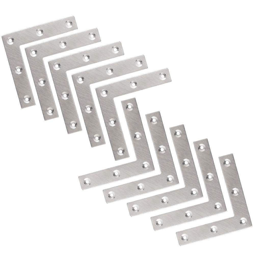 Flat L Shaped Corner Bracket, Tiberham 10 Pcs 80 x 80 mm Stainless Steel Right Angle Corner Brace Repair Plate, Heavy Duty Furniture Fastener Joint Corner Connector for Wood Shelf Cabinet Table Chair