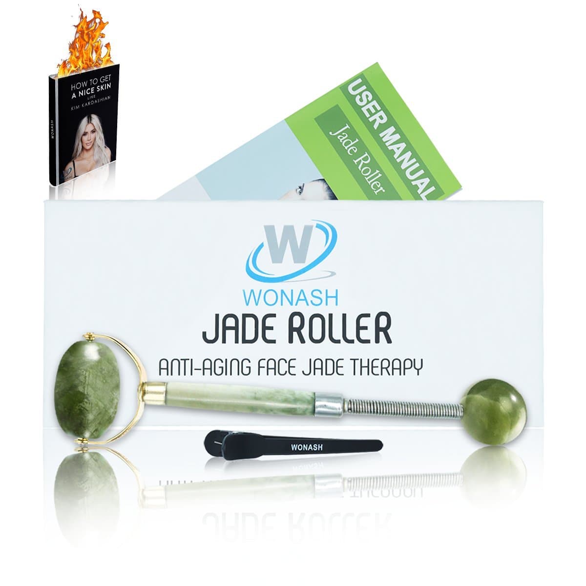 Top Rated Jade Roller for Face by Wonash | 100% Natural Jade Stone | Bonus Ebook | 100% Handmade | Anti-Aging, Anti-Wrinkle Beauty Skincare Tool | for Face, Neck & Eyes