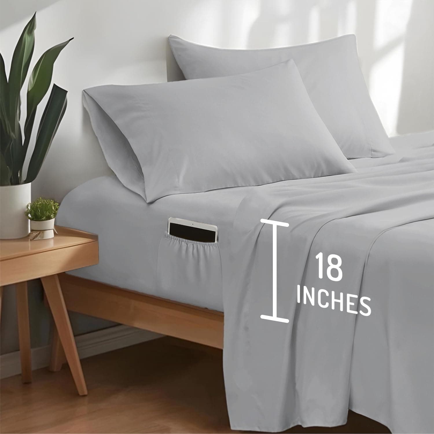 DOC Extra Deep Pocket Queen Size Sheet Set – 4 Pieces Bedsheets with Coolmax Moisture Wicking, Ultra-Soft & Breathable, Fits Mattresses up to 18 Inches Deep, Wrinkle-Resistant, Light Grey