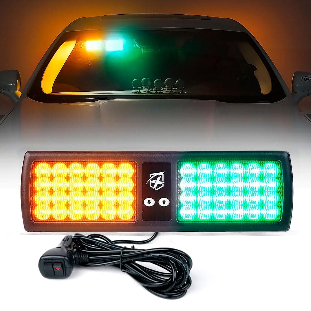 Xprite Amber Green 48LED Visor Strobe Flashing Lights Interior Windshield Sunshield Emergency Warning Lights for Police Volunteer Firefighter Vehicles Trucks