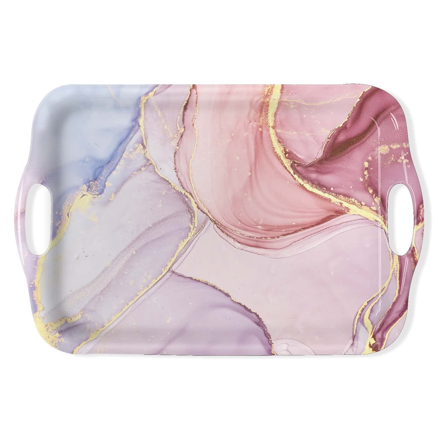 Serving Tray Decorative Tray with Handles Multi-Purpose Rectangular Serving Trays for Restaurant, Parties, Coffee Table, Kitchen - Pink Marble Pattern