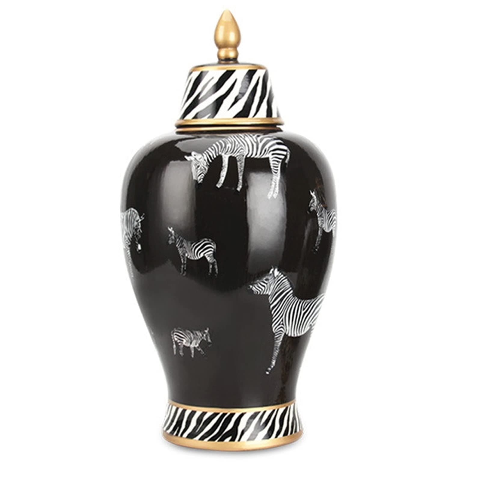 Black Ceramic Ginger Jar with Lid，Decorative Jar wth Zebra Pattern，Temple Jar Vase for Home Decor Table Center Piece (Size : Large)