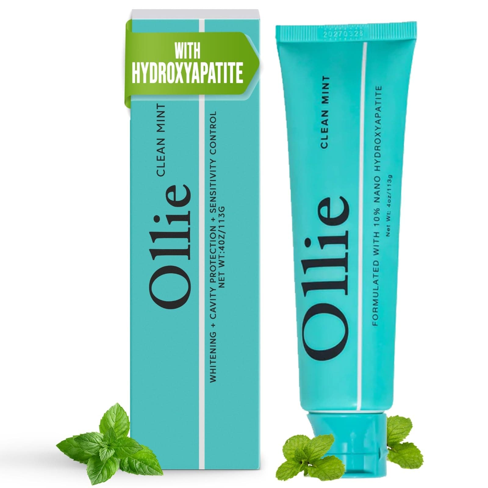 Ollie Clean Mint Nano Hydroxyapatite Toothpaste for Teeth Whitening, 10% Hydroxyapatite Formula, 4oz