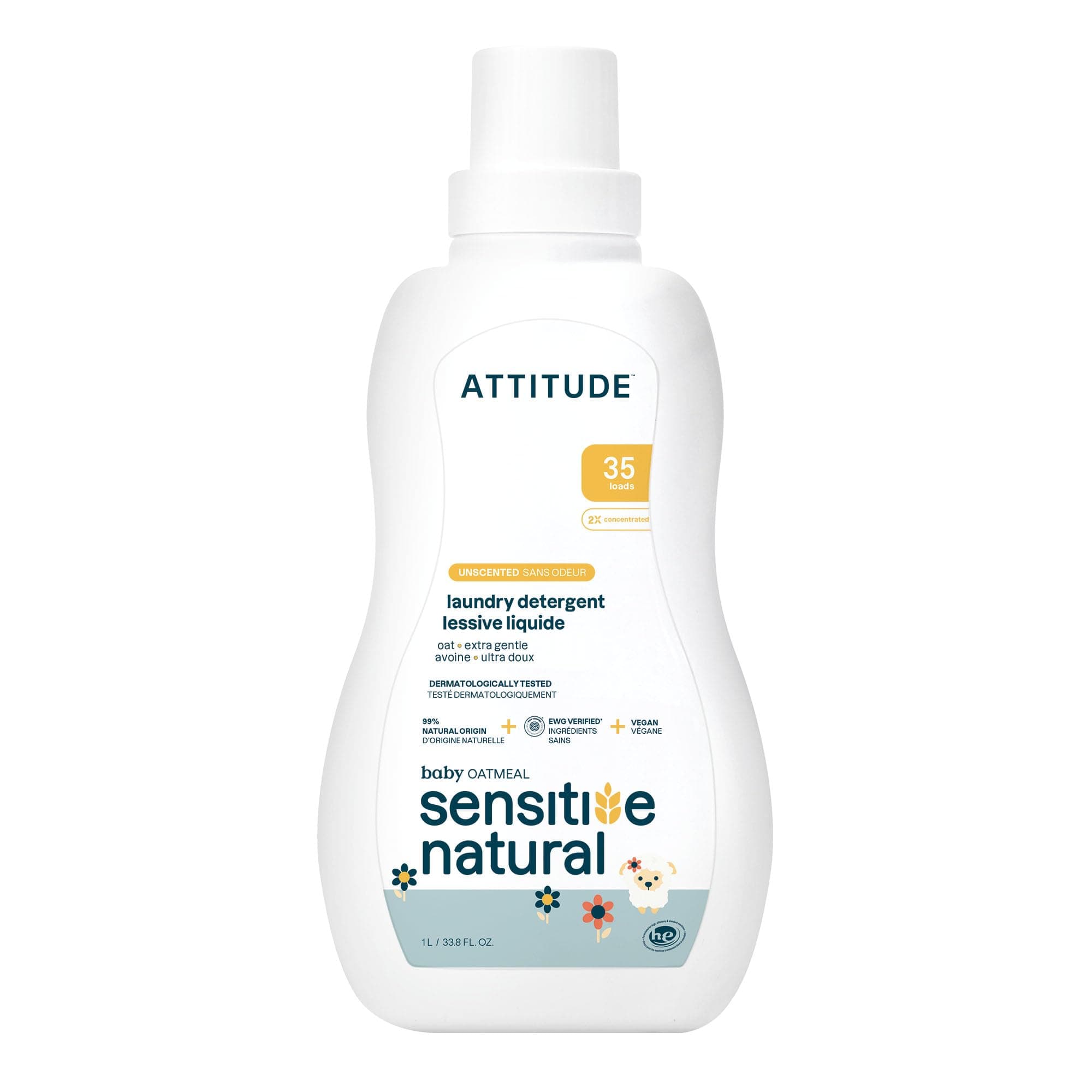ATTITUDE Baby Laundry Detergent, EWG Verified, Plant and Mineral-Based Formula, HE Compatible, Vegan Household Products, Unscented, Sensitive, 33.8 Fl Oz, 35 Loads