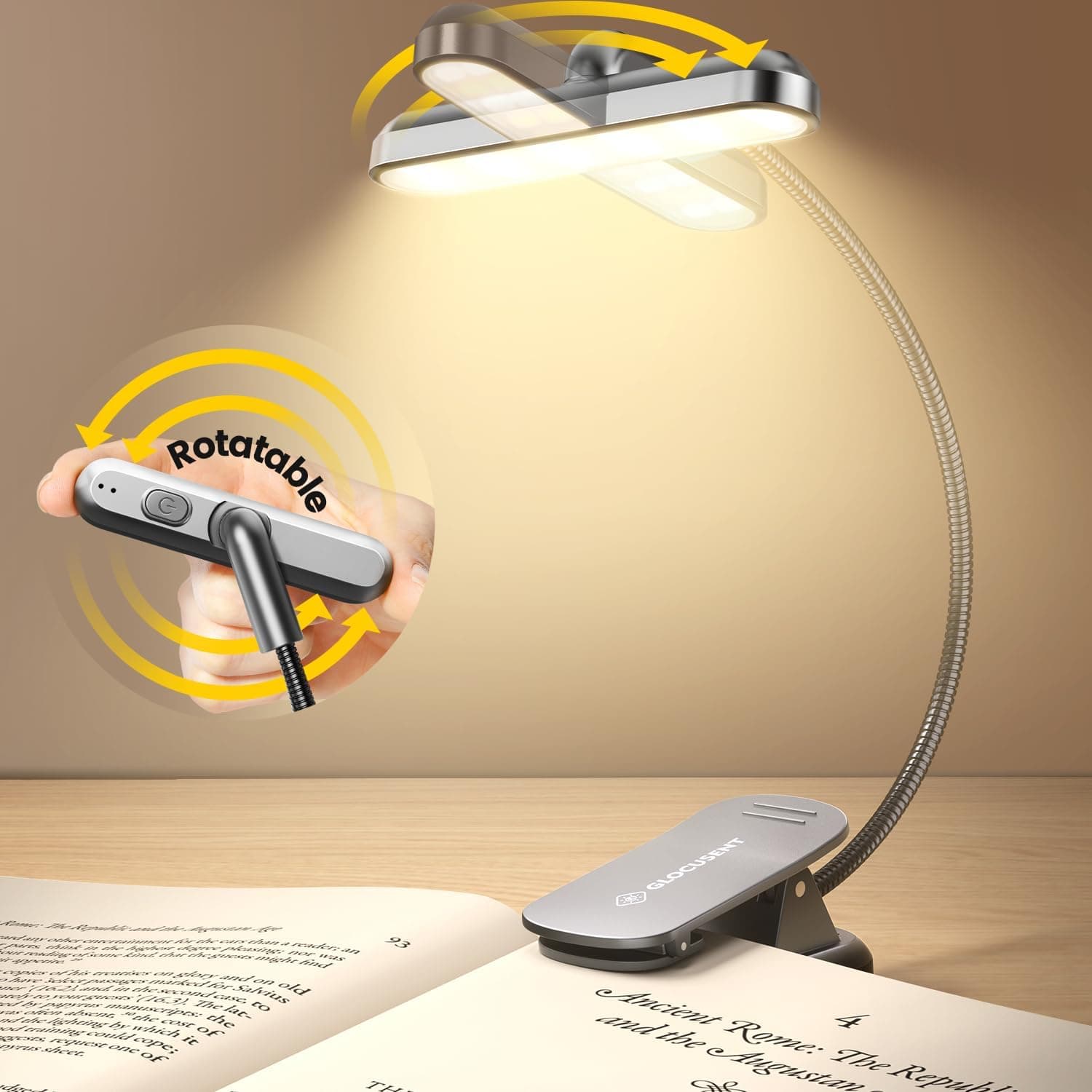 Glocusent Book Light Rotatable: 22 Led Rechargeable Book Light for Reading in Bed with Timer - Eye Caring 3 Color Temperatures, Stepless Dimming, 100Hrs Runtime Clip on Reading Light for Book Lovers