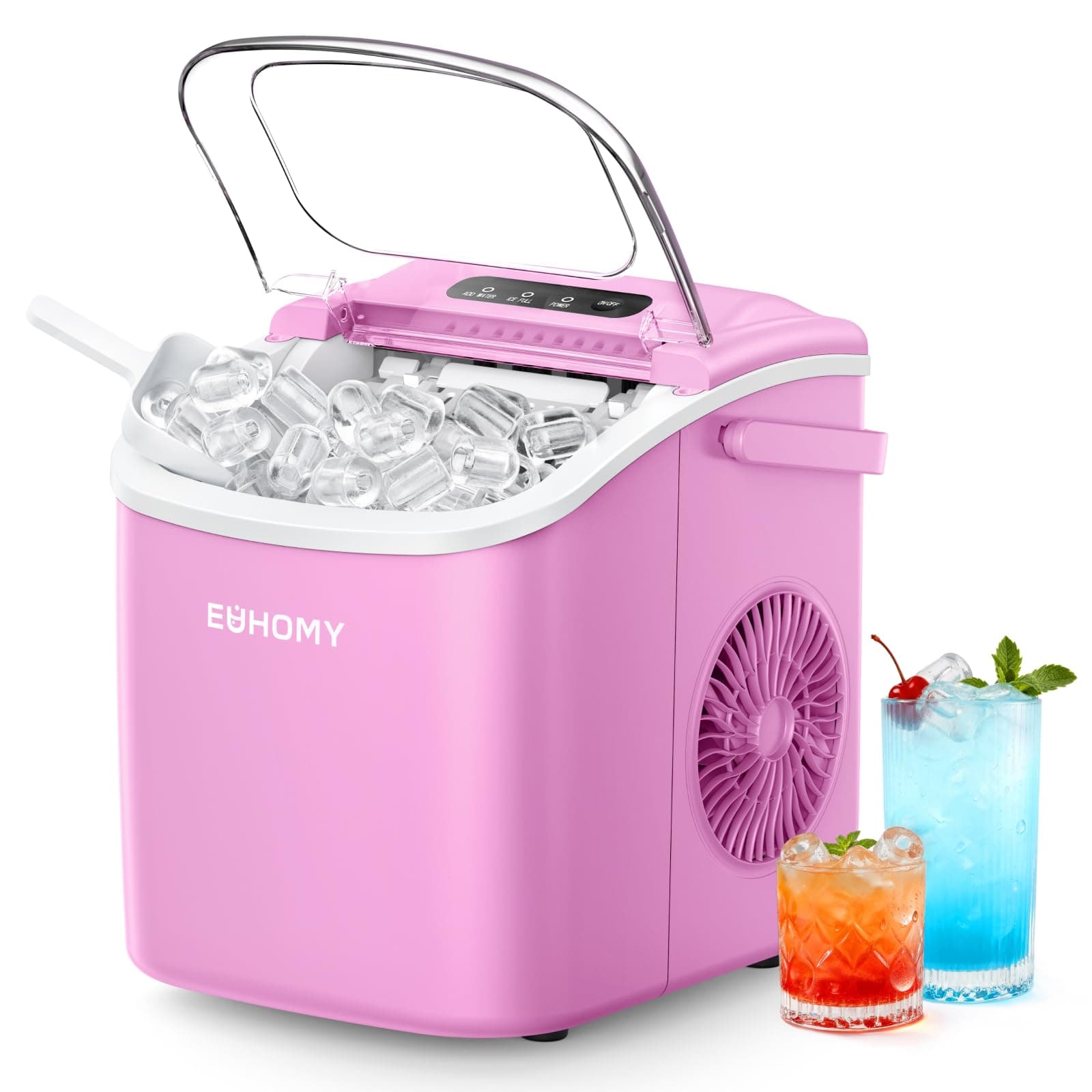 EUHOMY Countertop Ice Maker Machine with Handle, 26lbs in 24Hrs, 9 Ice Cubes Ready in 6 Mins, Auto-Cleaning Portable Ice Maker with Basket and Scoop, for Home/Kitchen/Camping/RV. (Pink)