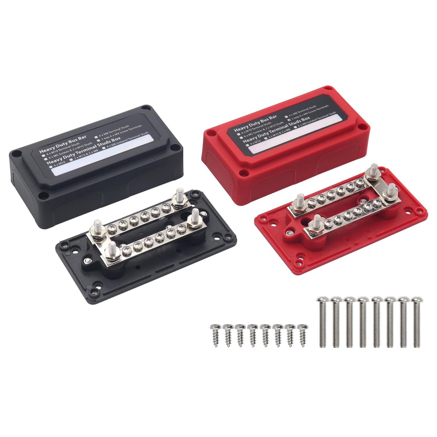 Bus Bar 12V 100A Power Distribution Blocks Heavy Duty Module 4X 1/4" Posts+ 12x 5/32" Screws Terminals, Marine Busbar, 12 Volt-48V DC Battery Buss Bars for Vehicle Solar, Red&Black 2 Pack