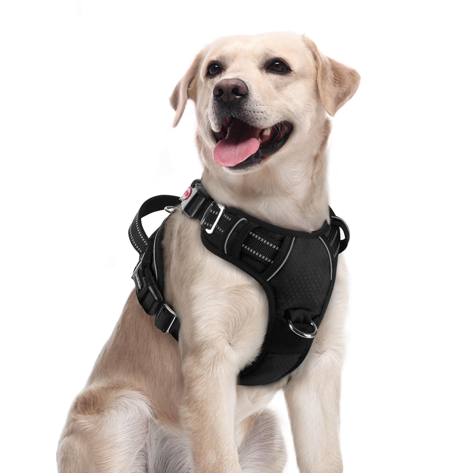 rabbitgoo Dog Harness Medium Sized, No Pull Dog Vest with 3 Buckles, Adjustable Soft Padded Pet Harness with Easy Control Handle and Reflective Strips, Black, M