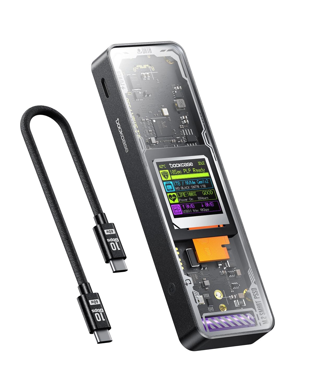 DOCKCASE M.2 NVMe SSD Enclosure 10Gbps USB-C with Real-Time Display, Prevent Data Loss During Unexpected Power Cuts, SSD Health Alert, Supports 2230-2280, Compatible with MacBook & Windows Black