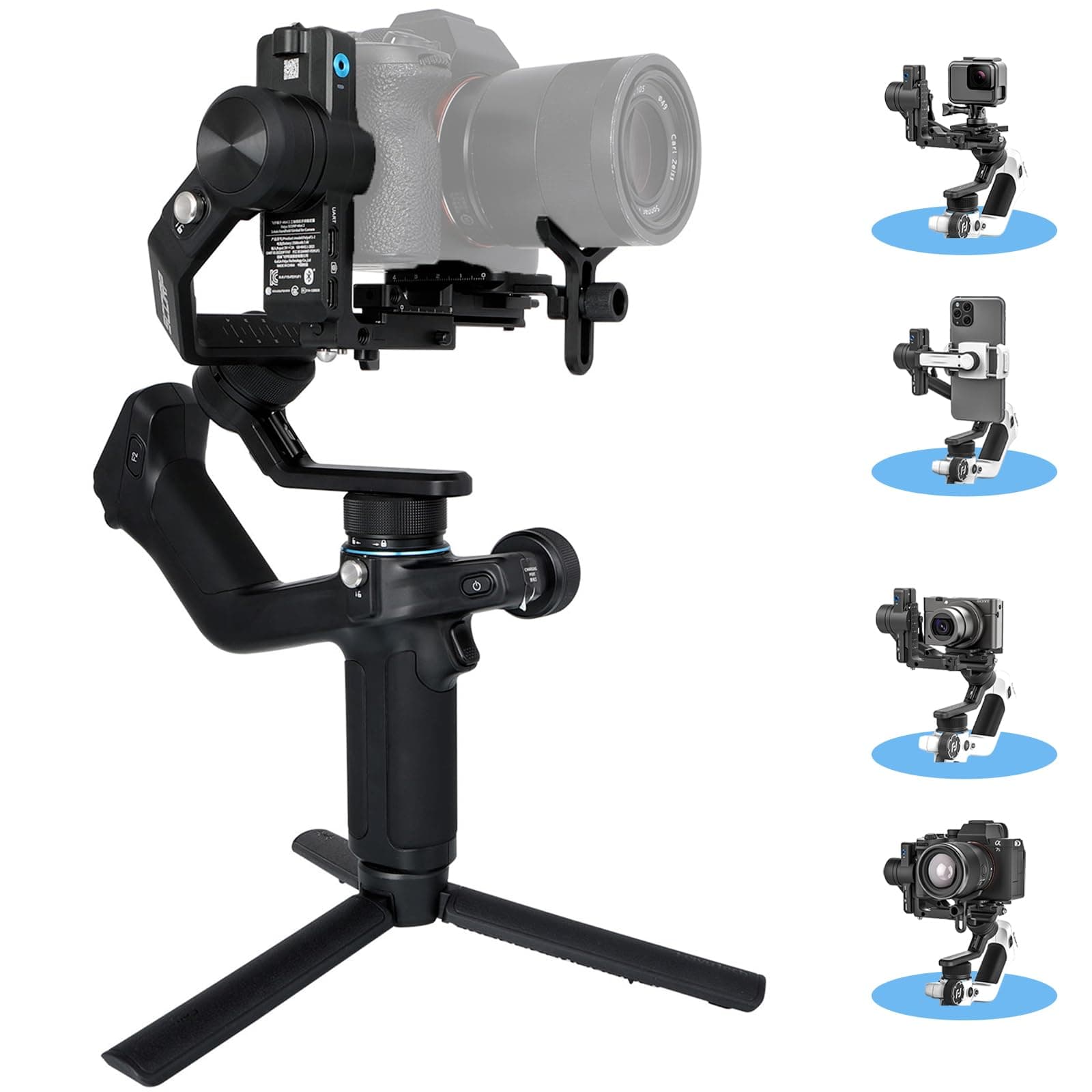 Feiyu SCORP Mini-2 All-in-1 Gimbal Stabilizer Mirrorless Cameras, Action Camera and Smartphones. Built in AI Facial Tracking Sensor | Gesture Control | Dual-Handle Grip | Payload 2.65 lbs - Black