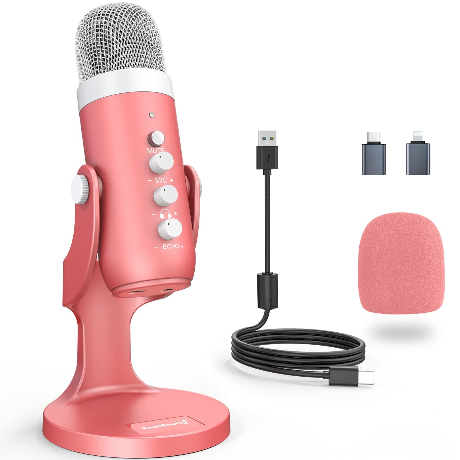 zealsound Gaming USB Microphone,Pink Microphone with Quick Mute for Phone Computer PC PS5,Studio Mic with Gain Control,Echo&Monitor Volume Adjust for Streaming Vocal Recording ASMR Podcast Video K66