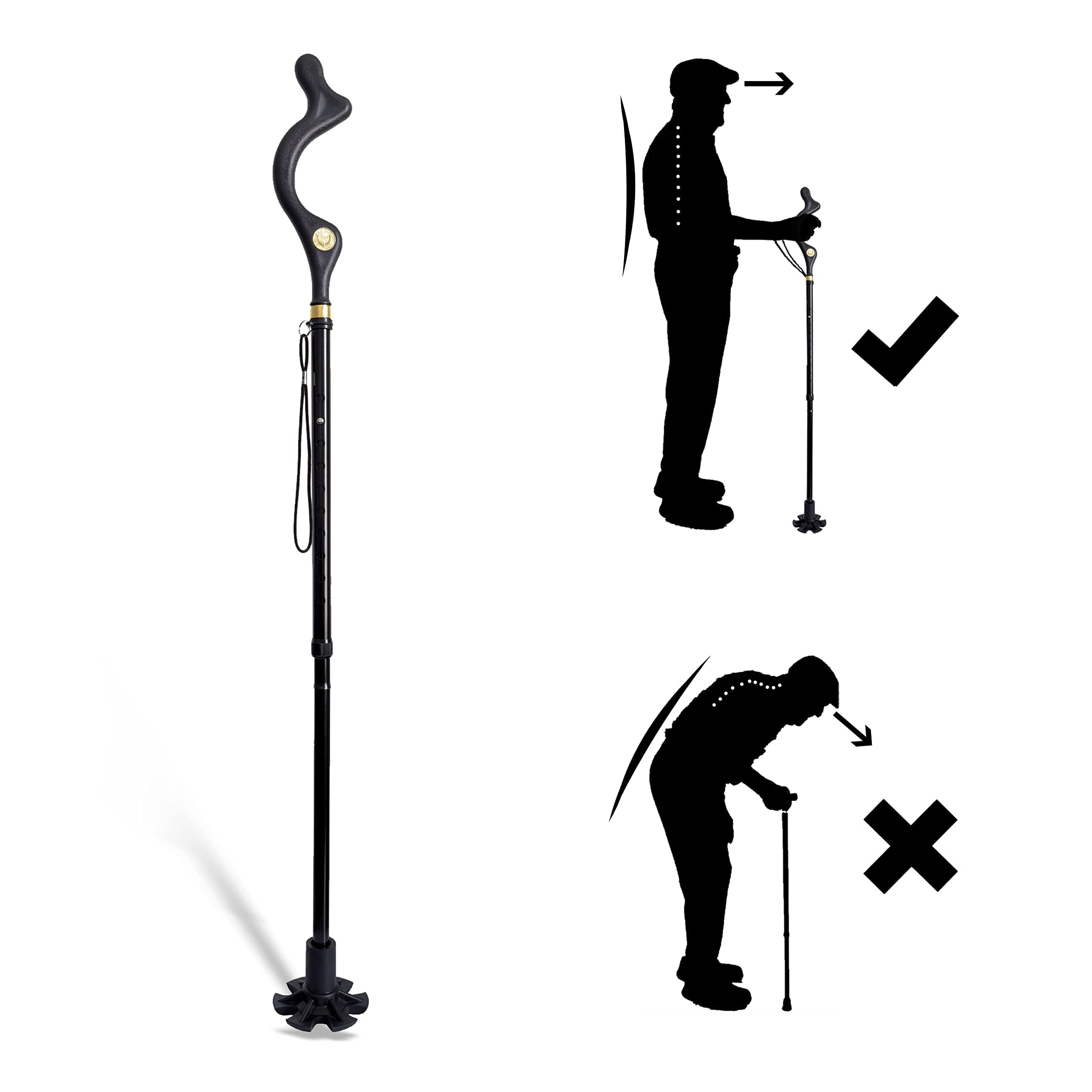Folding Walking Stick Elderly Crutches Posture Walking Cane Walking Sticks for Men Women Portable Safety Lightweight Adjustable Height Self-Stand 360 Deg Traction Non Slip Crutch