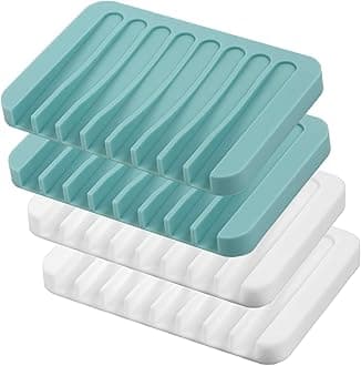 4PCS Premium Silicone Self-Draining Soap Holders, Waterfall Drainer Soap Savers for Bathroom, Kitchen & Bath Tub - Extends Soap Life, Easy Clean (White & Teal)