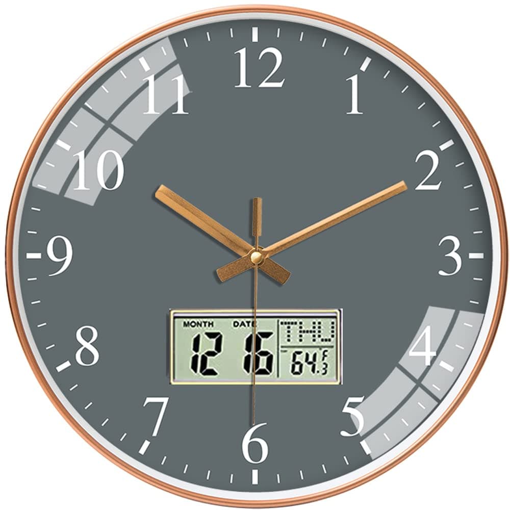 STAR WORK Digital Wall Clock for Home Stylish | Analog and Digitals Watches |Year Month Day Date and Room Humidity Temperature Thermometer Display (12 Inches,Glass) (Grey)