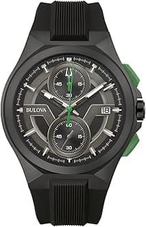 Men's Maquina Sport Black Ion-Plated Stainless Steel Case, 6-Hand Chronograph Quartz Watch with Matte Black Silicone Strap, Sapphire Crystal, Black Strap/ Green Accents