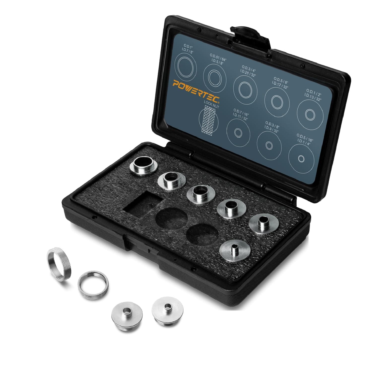 POWERTEC Router Guide, Router Bushing Guide Set, Router Template Guide 10 Pcs w/Storage Case, Fits Porter Cable Style Router Sub Base Plate. Size 5/16" to 1" Router Inlay Kit for Woodworking (71051)