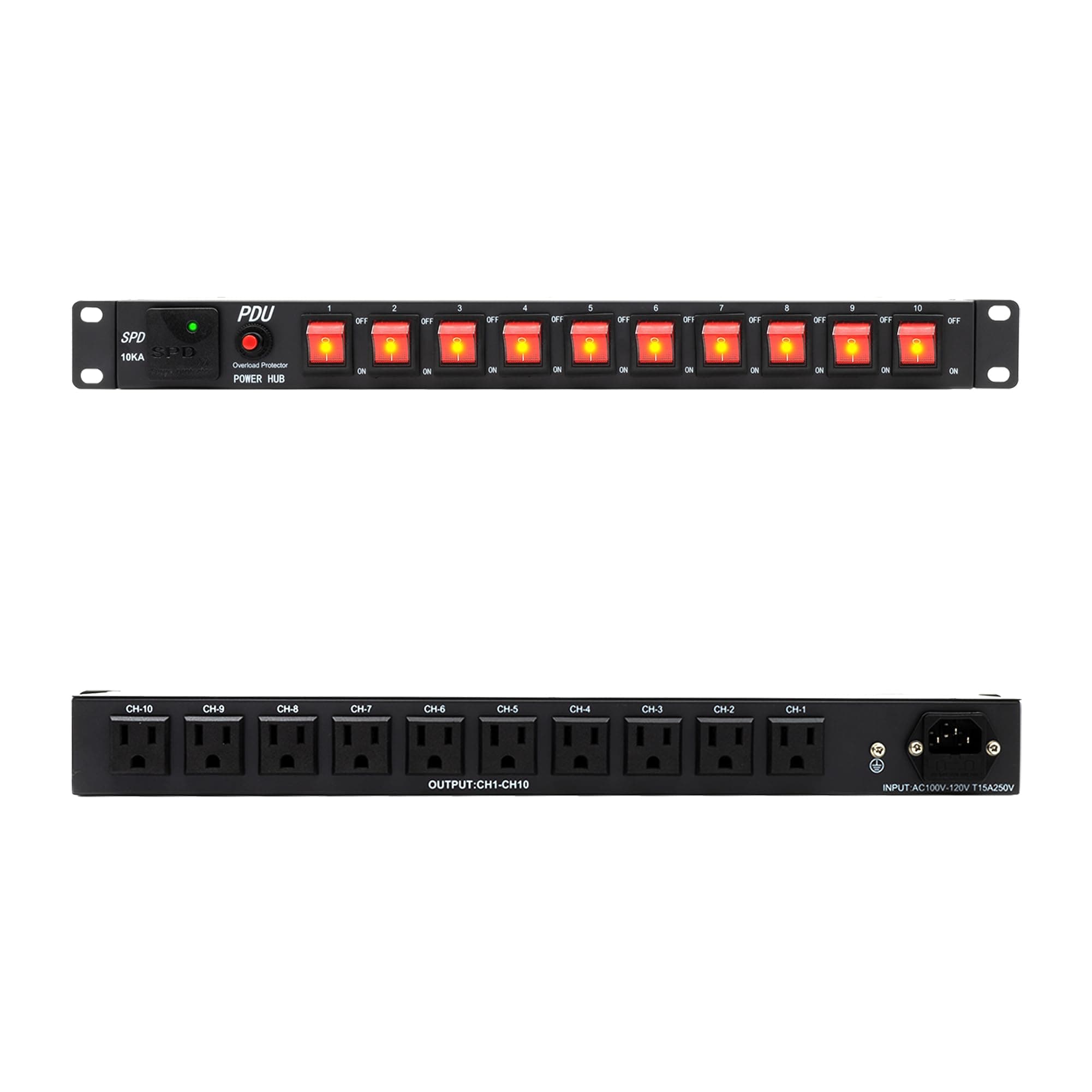 10 Outlets 1U Horizontal PDU Network Rack Mount Power Strip with Surge Protection, (SPD-10KA) 100-240V, 15A 3600 July, w/10 LED Switches and 6ft 14AWG Cord