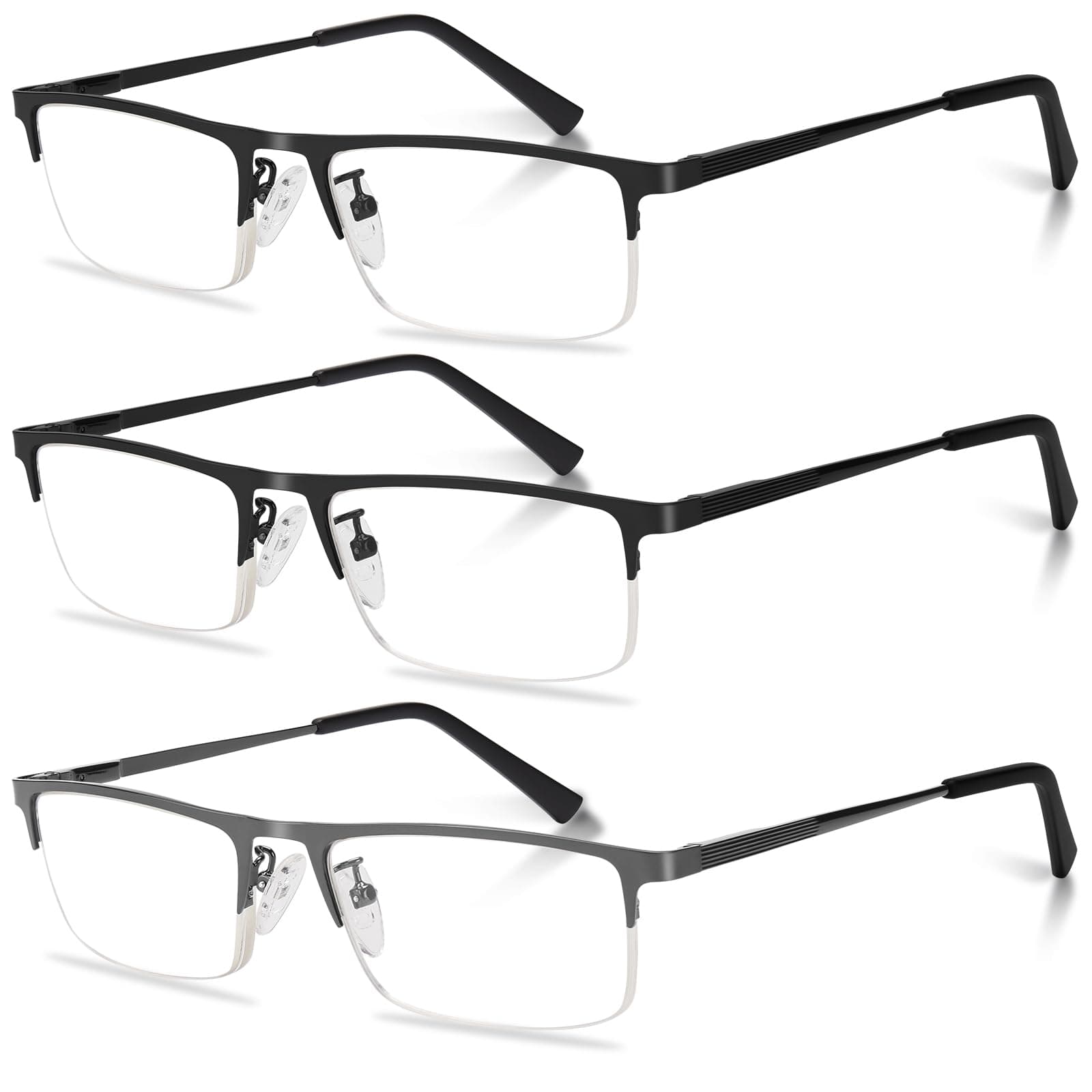 3-Pack Reading Glasses for Men, Lightweight Metal Half Frame Blue Light Blocking Computer Readers, Stylish Filter UV Ray/Computer Glare with Spring Hinge Eyeglasses(2 Black+1 Gray,+2.5)