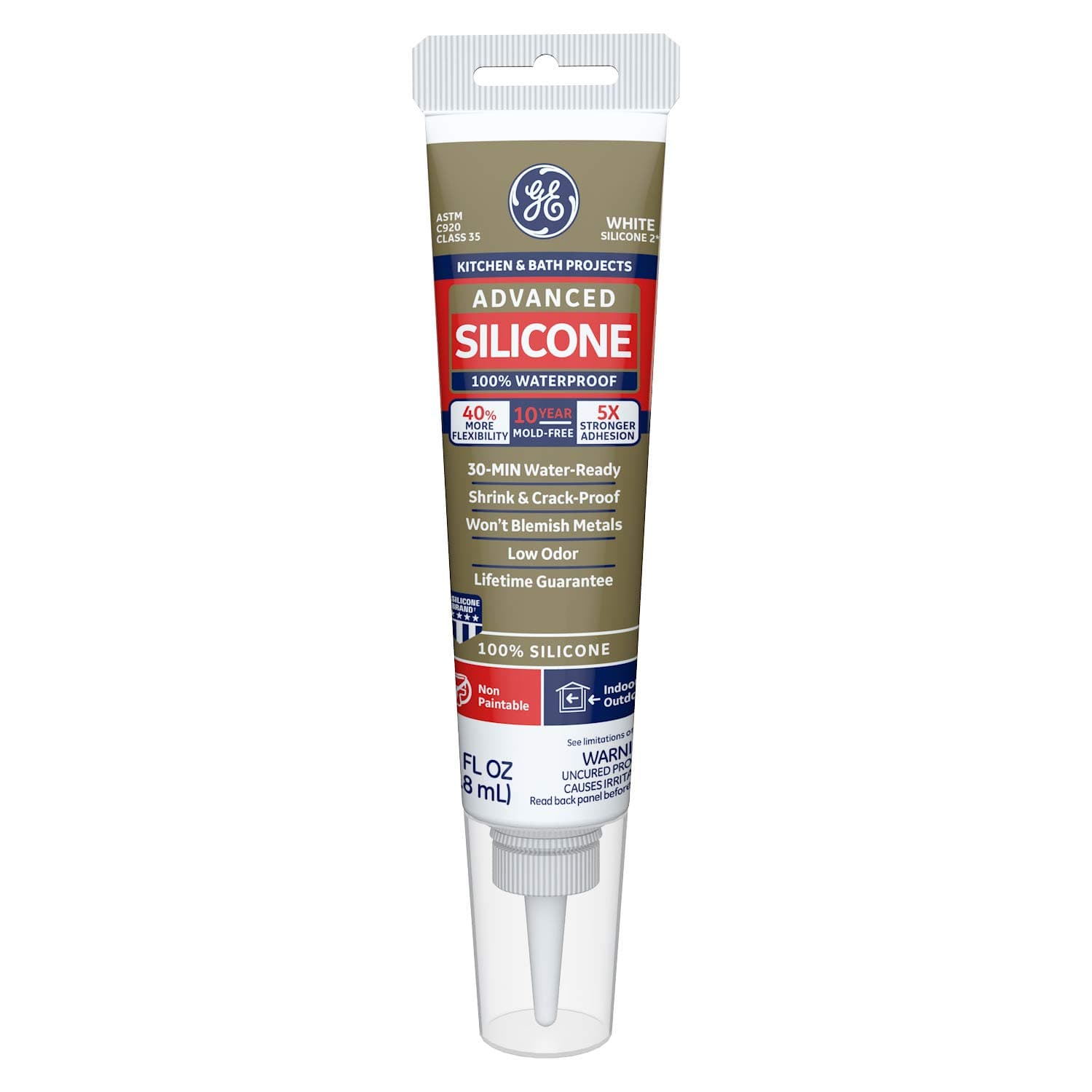 GE Advanced Silicone Kitchen & Bath Sealant White, 2.8 oz, 1, Tube