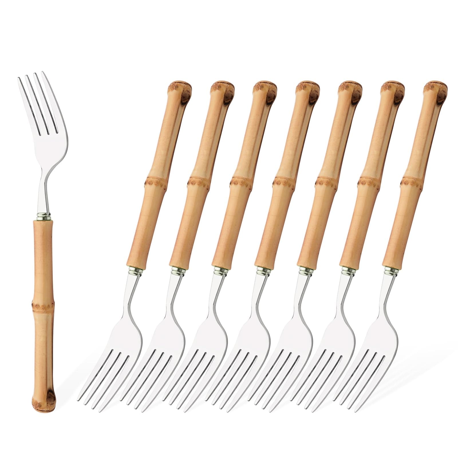 Dinner Fork Set, 8-Piece Natural Bamboo Forks, 18/8 Stainless Steel with Bamboo Handle, Silver Mirror Finish, Unique Design, 8.27 Inch