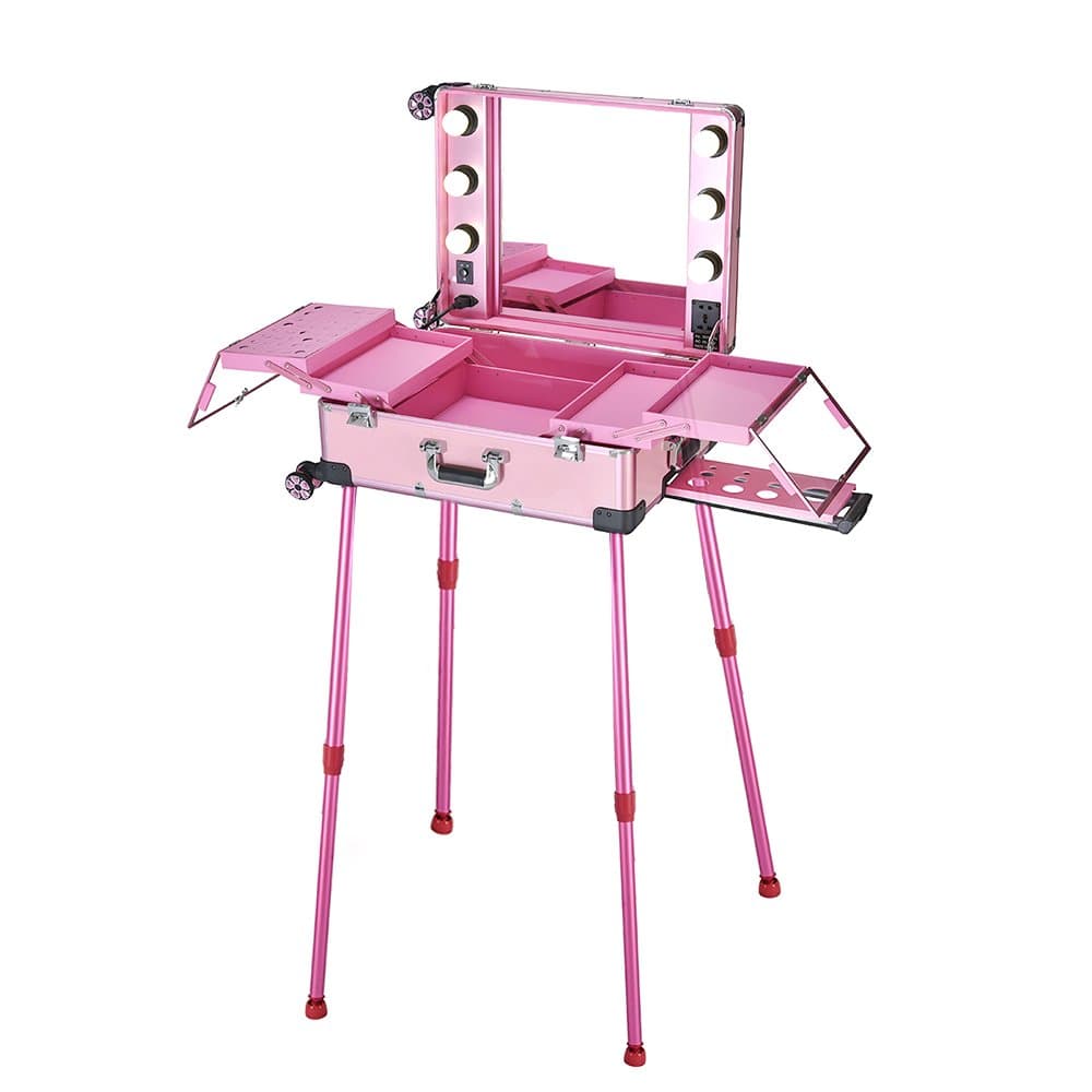 Britoniture Trolley Cosmetic Case with Light Mirror Rolling Wheel Train Makeup Beauty Portable Organiser Box Pink