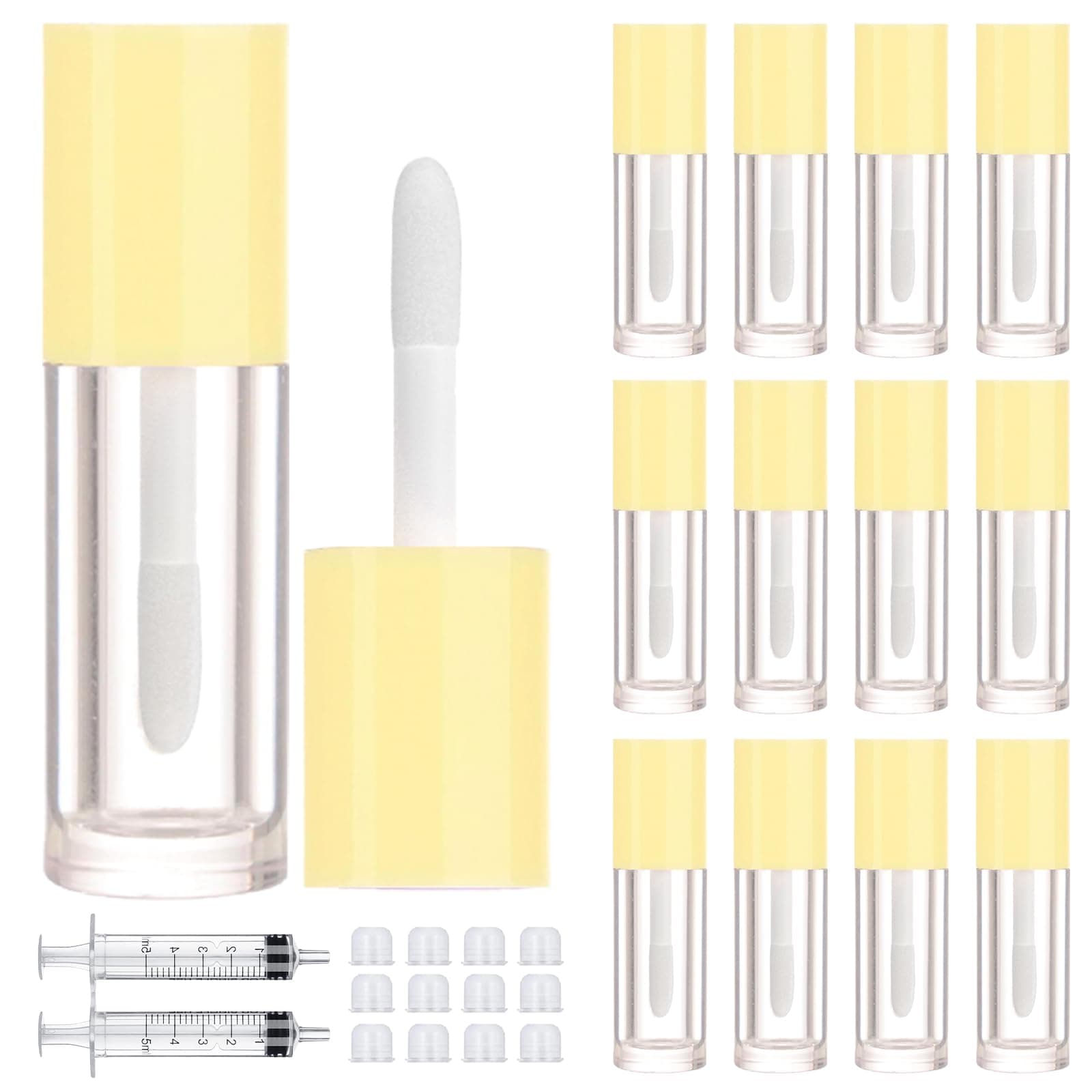 2.5ml 12 PCS Empty Lip Gloss Tubes with Wand Lip Gloss Containers Cute 0.08oz Clear Refillable Lipgloss Making Supplies Kit for DIY Makeup+ 2pcs Syringes (Yellow)