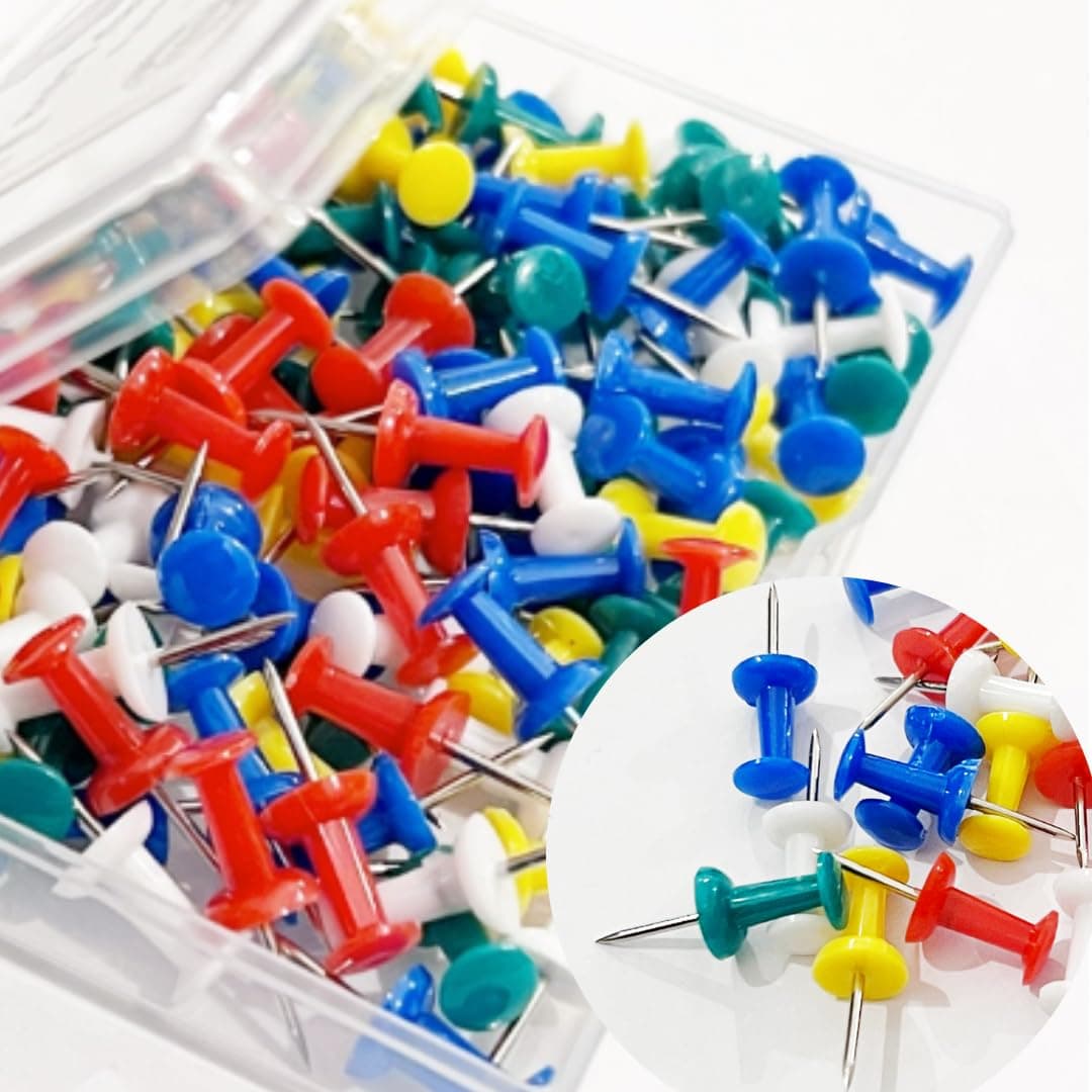 Multicolor Push Pins - 120 Drawing Pins with Storage Box, Thumb Tacks for Cork, Notice and Bulletin Boards - Map Pins