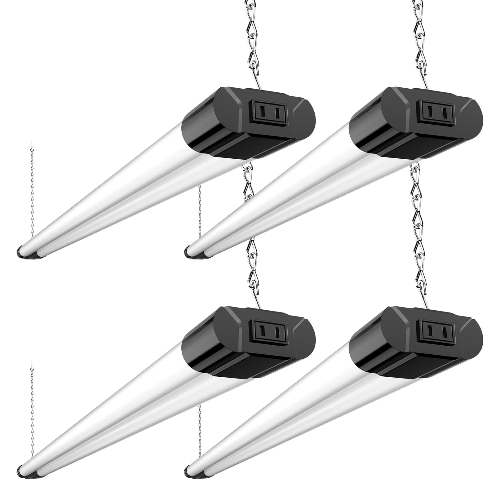 BBOUNDER 4 Pack Linkable LED Utility Shop Light, 4400 LM, Super Bright 6500K Cool Daylight, 4 FT Integrated Fixture for Garage, 40W Equivalent 250W, Surface + Suspension Mount, Black