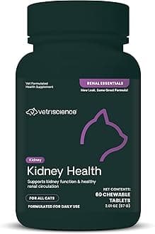VetriScience Kidney Health Chewable Tablets, Renal Essentials Supplement for Cats, Kidney Care and Support with Mushroom, Astragalus Root, Nettle Seed and Herbs, Chicken and Fish, 60 Count