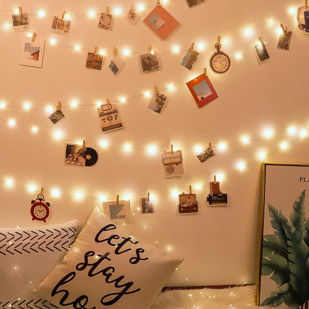 100 LED Photo Clip String Lights Fairy String Lights with 60 Wooden Clips and 30 Non-Trace Nail for Hanging Card, Polaroid, Picture for Dorm Bedroom Wall Wedding Birthday Party Decoration