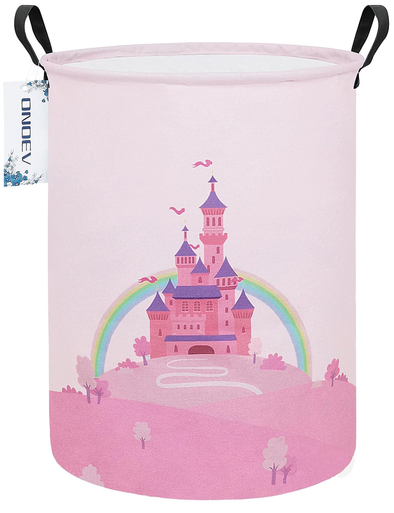 Laundry Hamper, Round Waterproof Storage Basket with Handle, Foldable, Pink Castle, 19.7in(H) x 15.7in(D), for Children's Room and Toy Storage