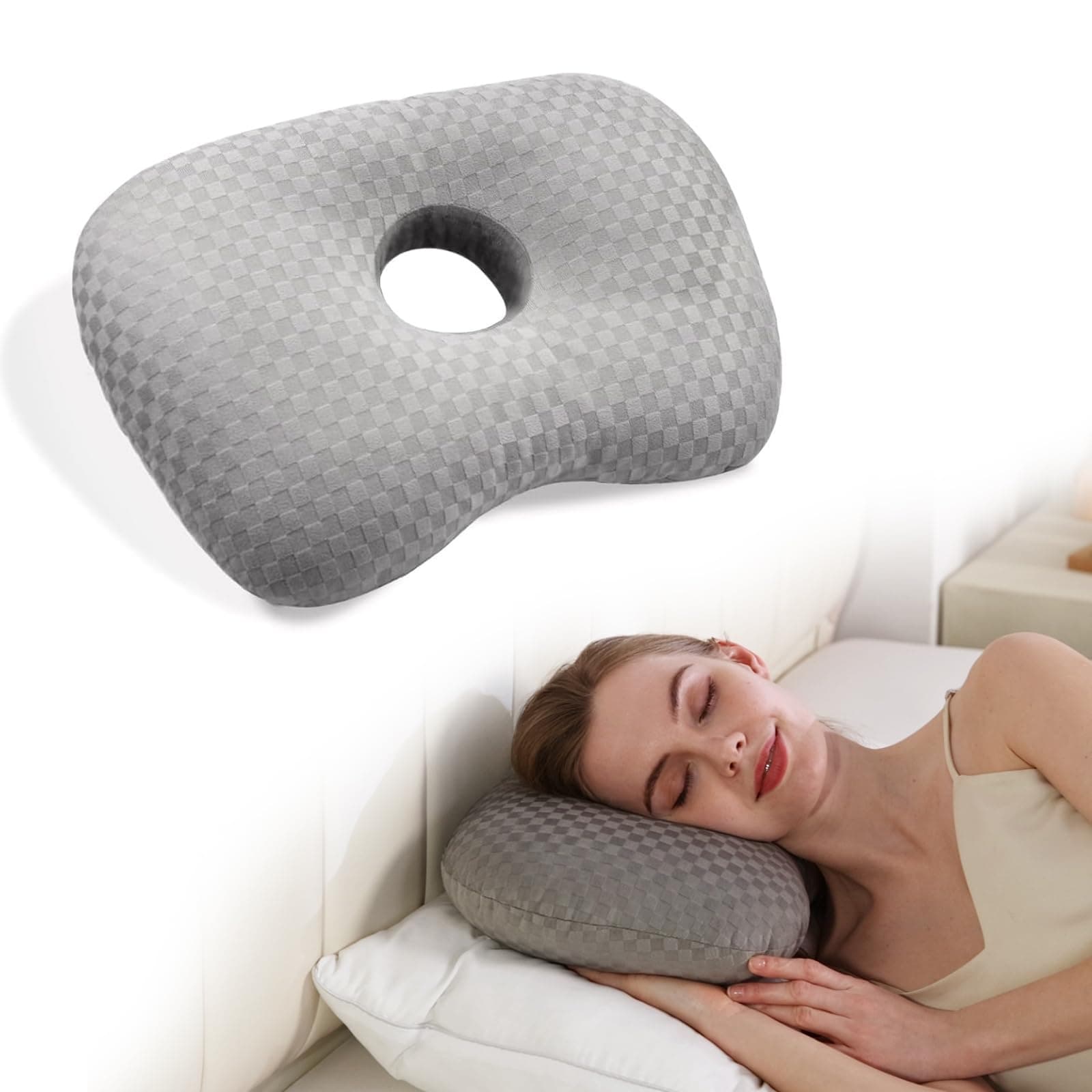 Ear Piercing Pillow with an Hole for CNH and Ear Pain Inflammation Pressure Sores for Side Sleepers, Cotton and Polyester Side Sleeper Pillow, Washable and Adjustable Ear Guard Pillow, Gray